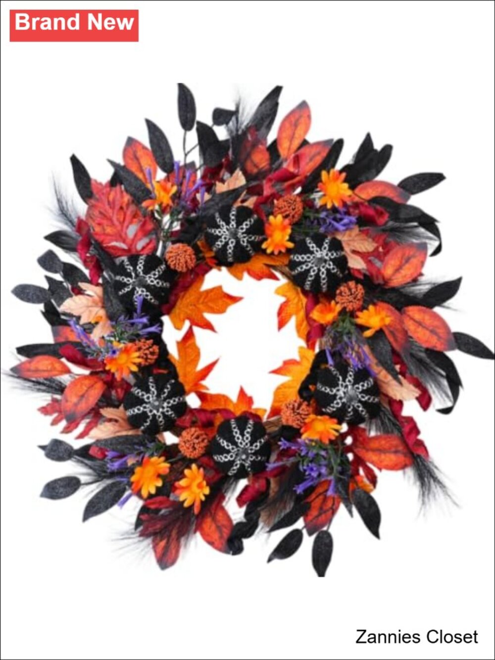 👻 24 Inch Halloween Wreath Black Pumpkins Maple Leaves Orange Flowers Fall